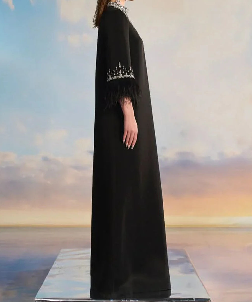 Black Crystal Feather Cuff High Neck A-Line Crepe Evening Gown