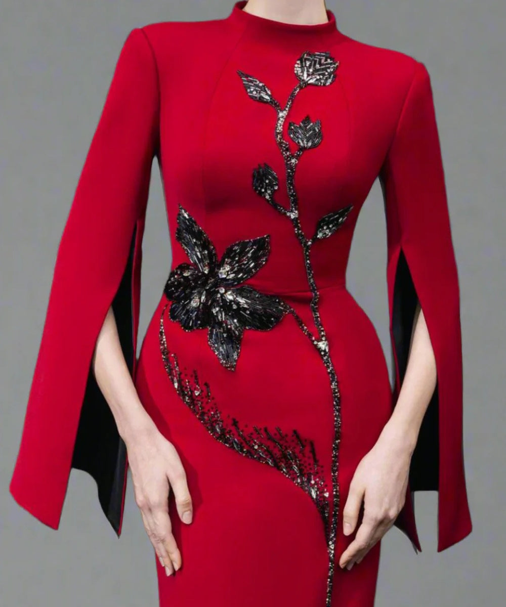 Red Mandarin Collar Split Cape Sleeve Floral Beaded Mermaid Maxi Evening Gown