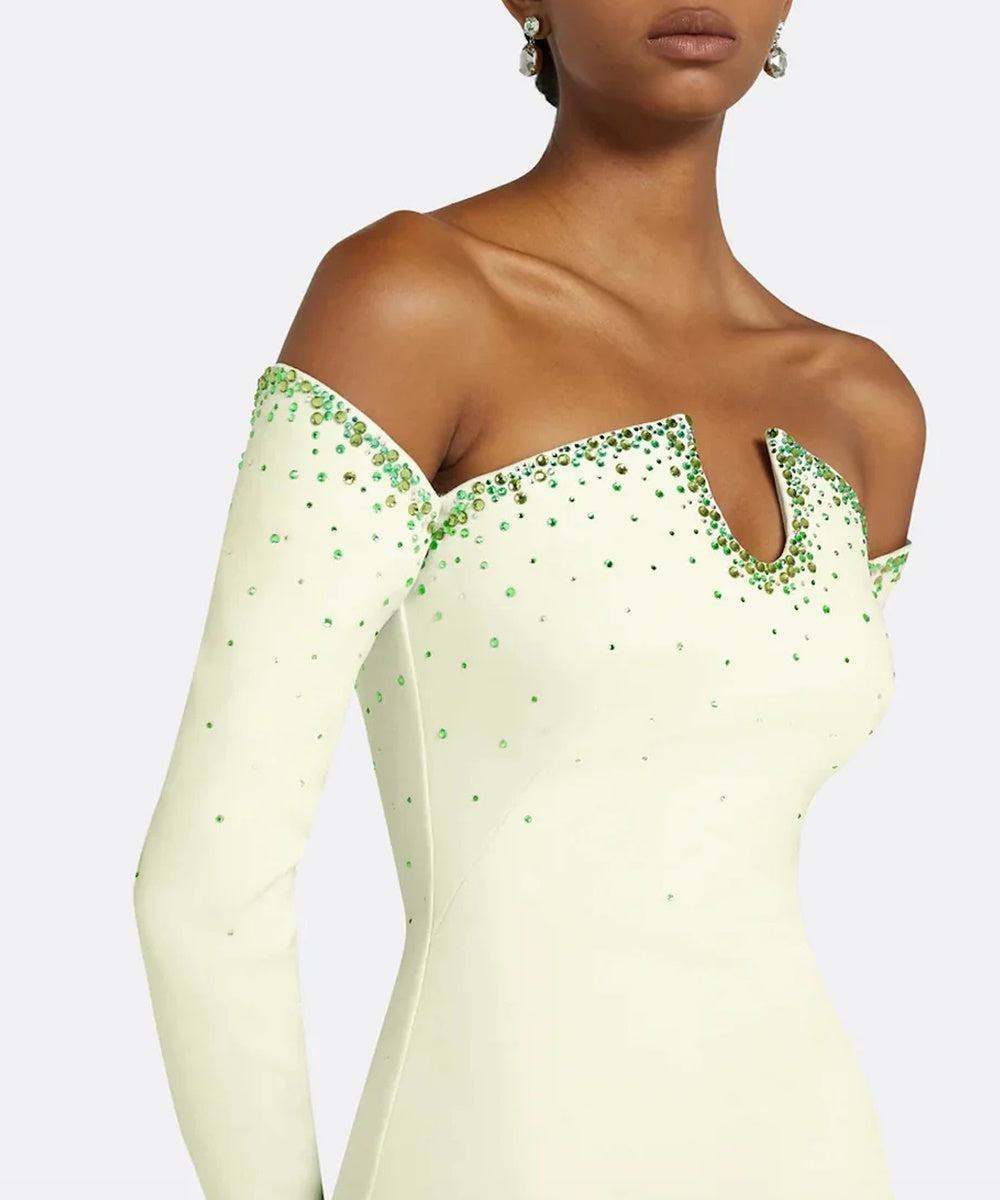 Pale Lime Off Shoulder Notch V Long Sleeve Green Crystal Column Maxi Gown