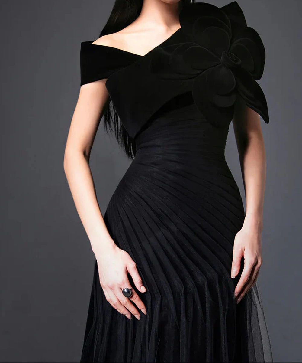 Black Off Shoulder Velvet 3D Flower Draped Pleated Tulle Maxi Evening Gown