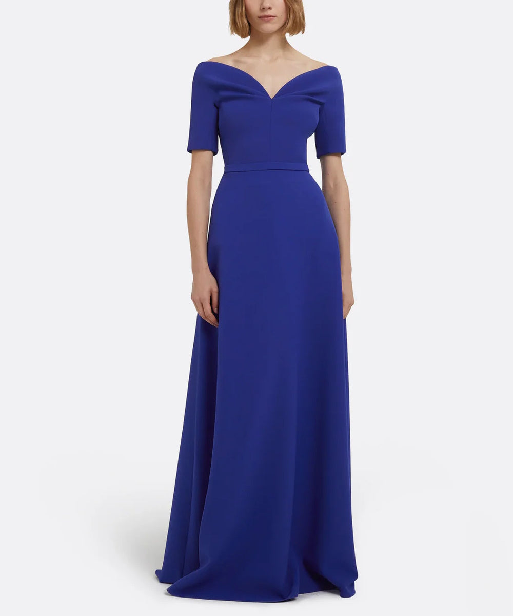 Cobalt Blue Off The Shoulder Short Sleeve A-Line Maxi Evening Gown With Waist Belt