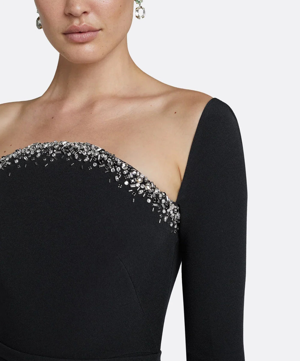 Straight Off Shoulder Long Sleeve Crystal Beaded Black Mermaid Train Evening Gown