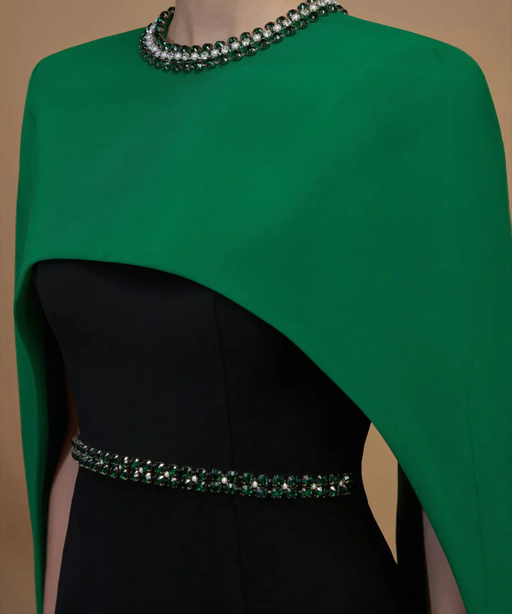 Two-Tone Emerald Cape Black Column Crystal Trim Evening Gown