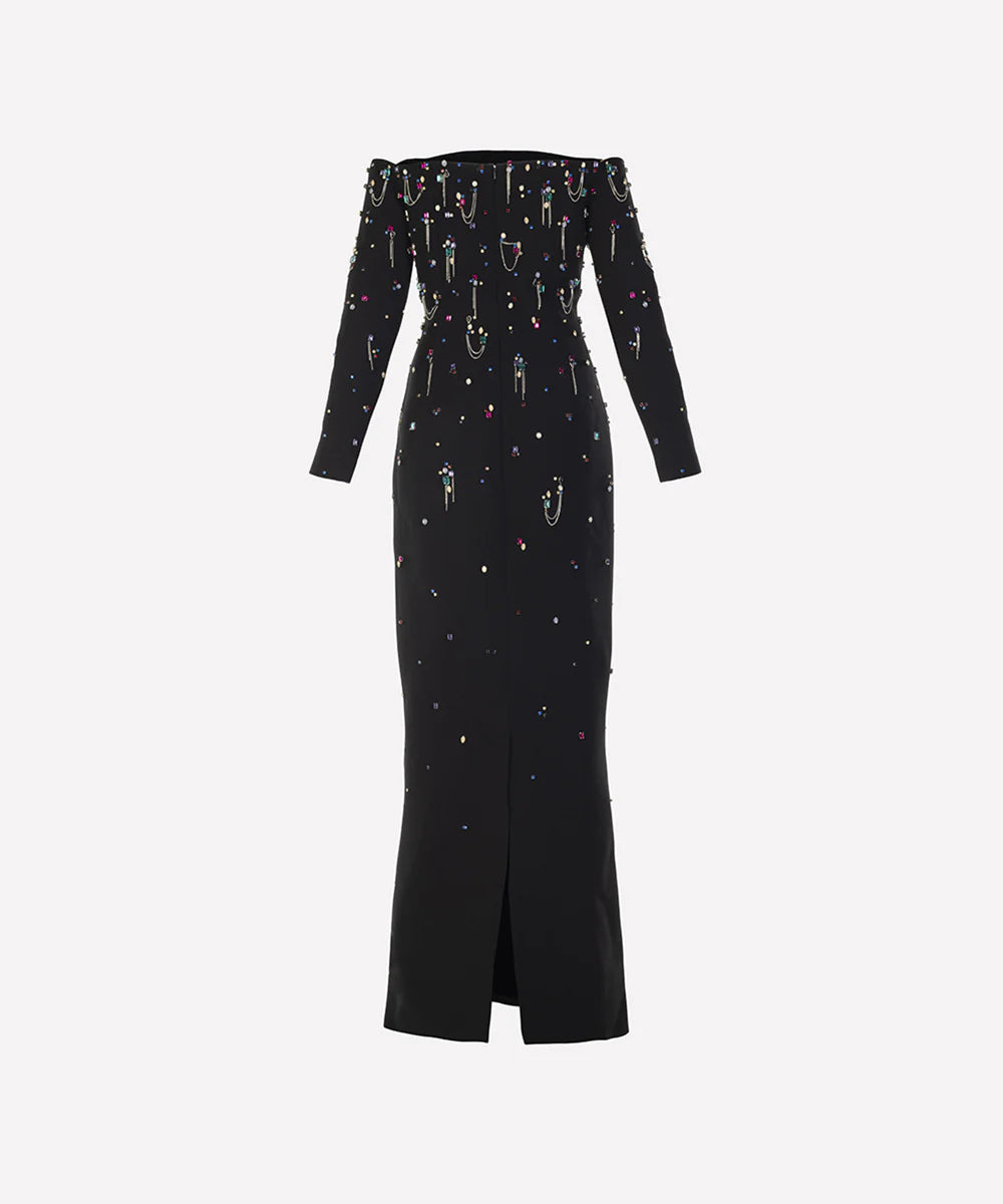 Black Off Shoulder Long Sleeve Multicolor Gem Chain Embellished Column Maxi Gown