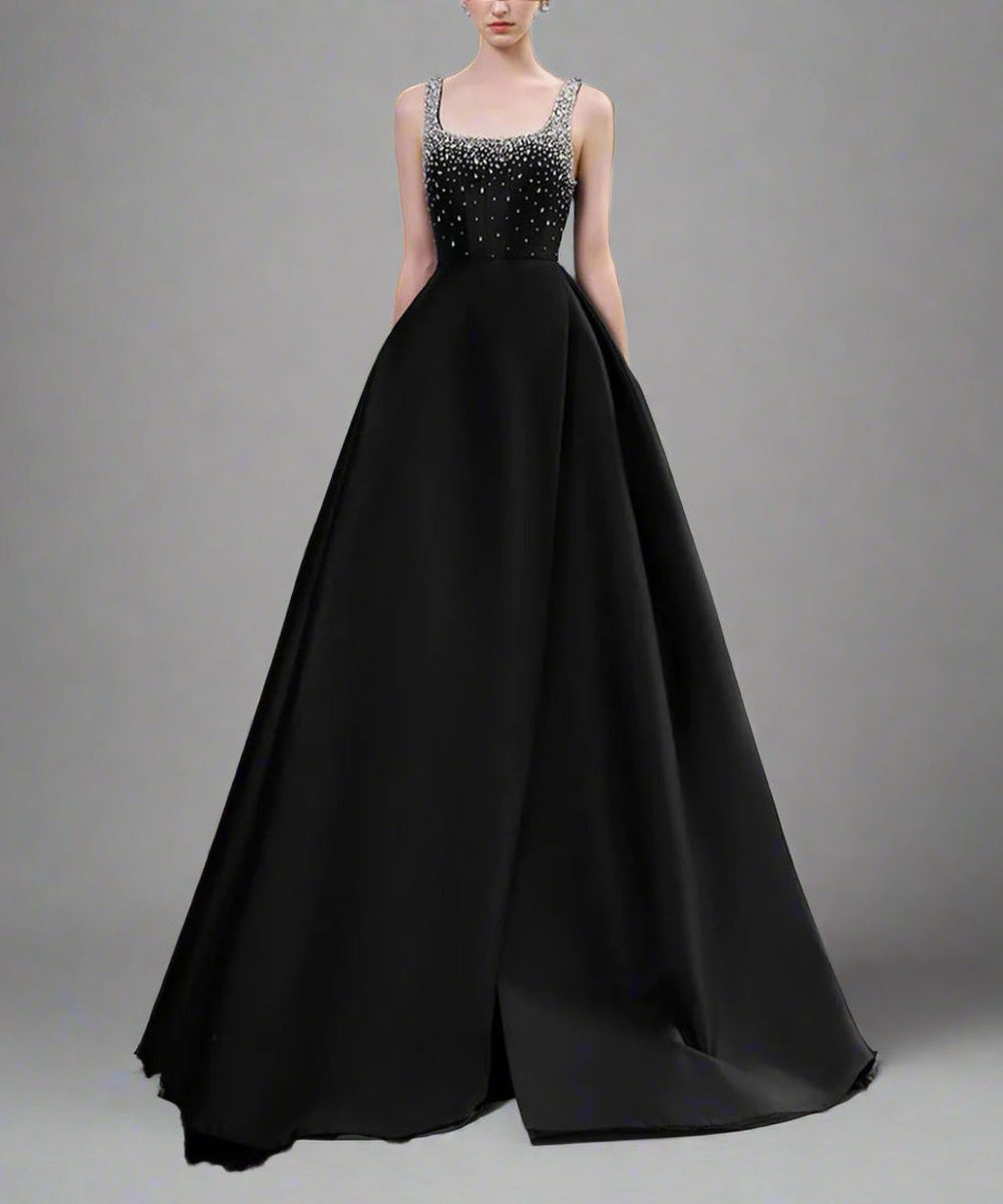Rhinestone Sleeveless Square Neck Ball Gown With Front Slit