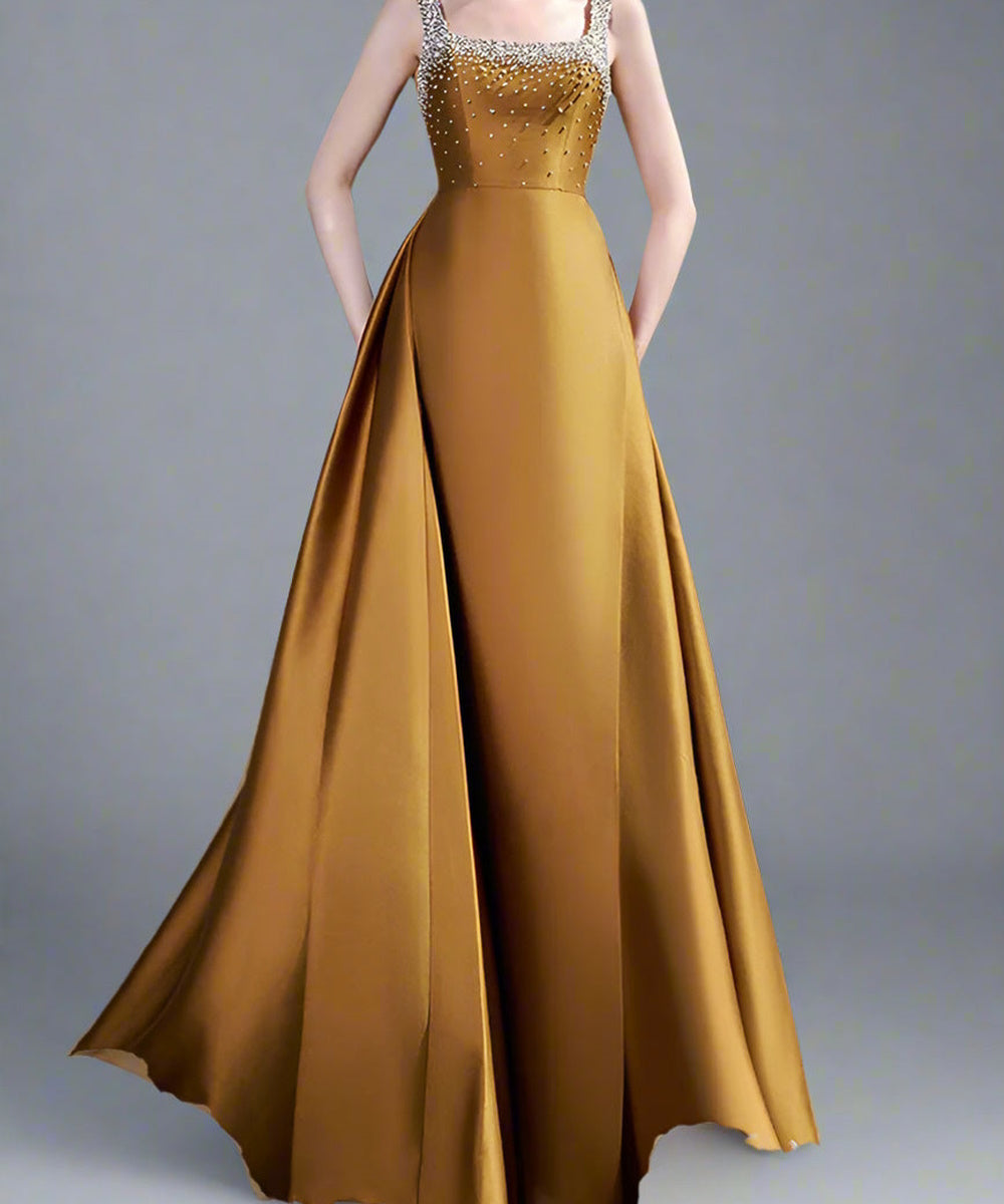 Rhinestone Sleeveless Square Neck Ball Gown With Front Slit