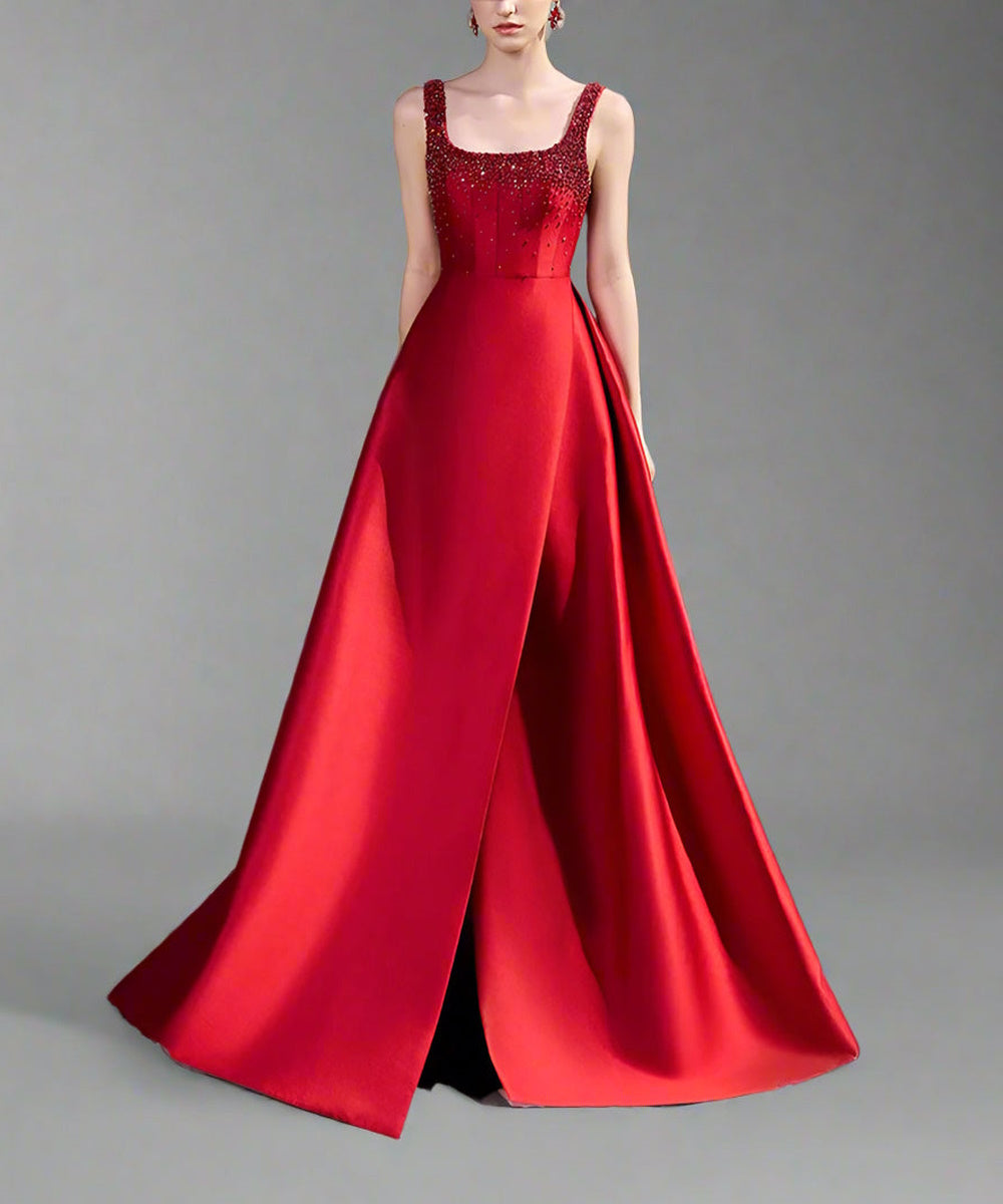 Rhinestone Sleeveless Square Neck Ball Gown With Front Slit