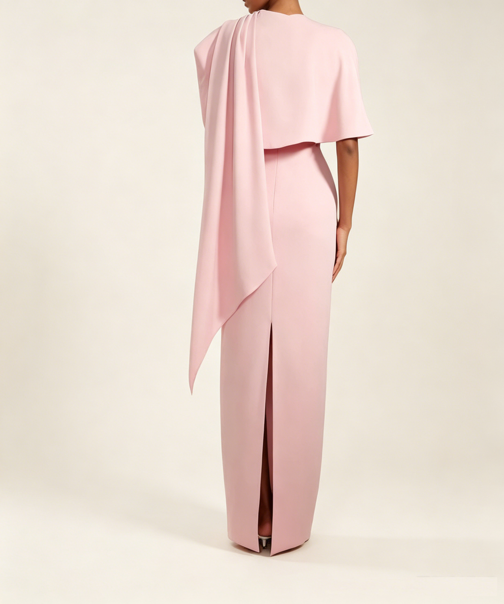 Draped Shoulder Crystal Embellished Pink Formal Maxi Dress