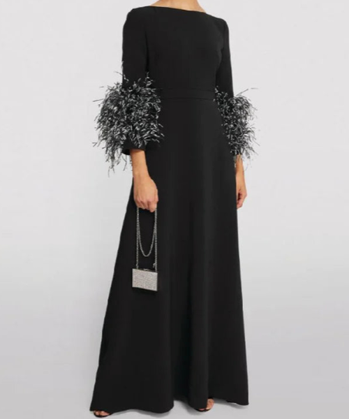 Black Boat Neck Feather Cuff Three Quarter Sleeve A Line Maxi Evening Gown