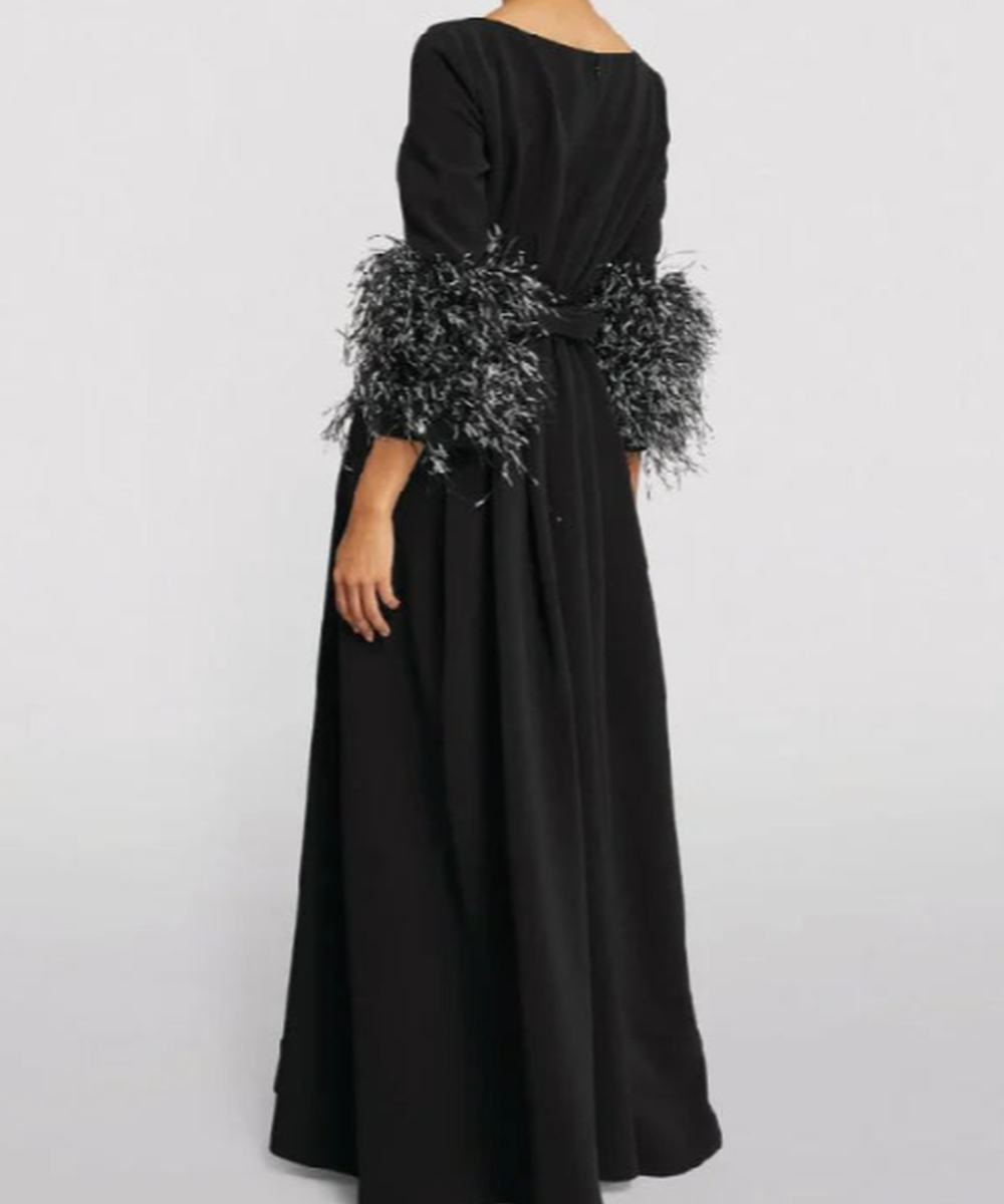 Black Boat Neck Feather Cuff Three Quarter Sleeve A Line Maxi Evening Gown