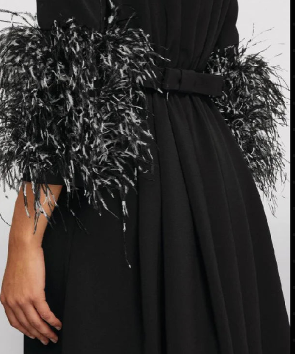 Black Boat Neck Feather Cuff Three Quarter Sleeve A Line Maxi Evening Gown