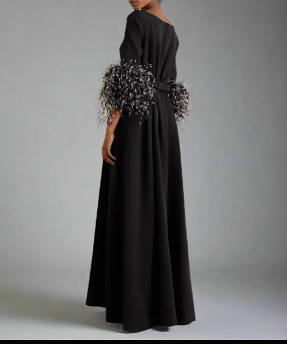 Black Boat Neck Feather Cuff Three Quarter Sleeve A Line Maxi Evening Gown