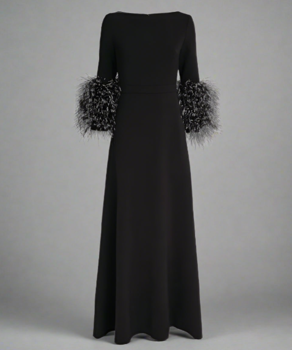 Black Boat Neck Feather Cuff Three Quarter Sleeve A Line Maxi Evening Gown