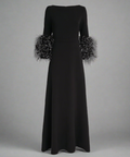 Black Boat Neck Feather Cuff Three Quarter Sleeve A Line Maxi Evening Gown