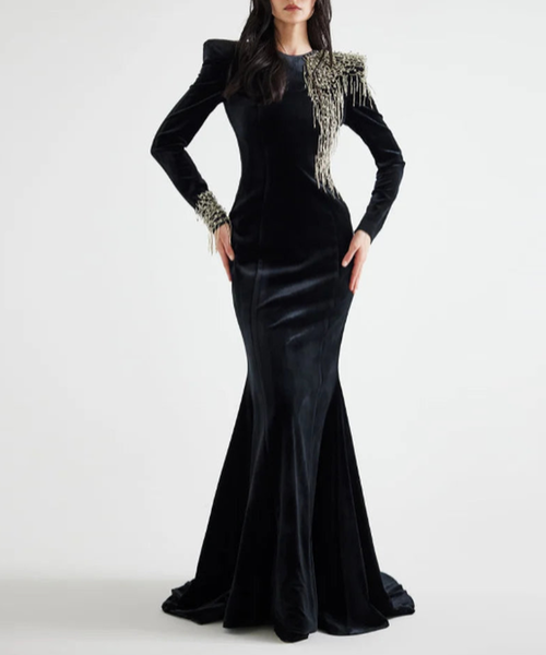 Black Velvet Beaded Fringe Shoulder Long Sleeve Mermaid Evening Gown