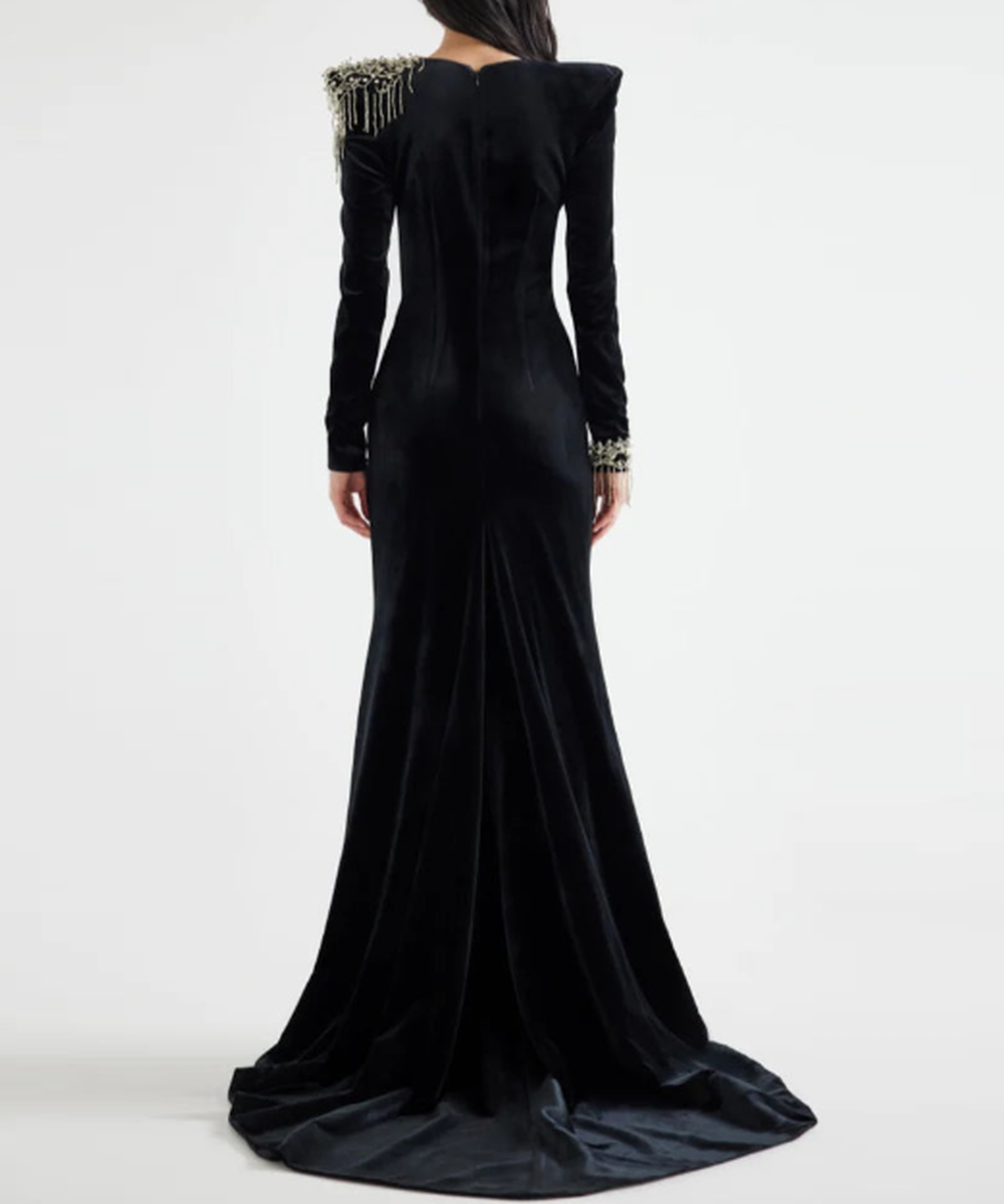 Black Velvet Beaded Fringe Shoulder Long Sleeve Mermaid Evening Gown