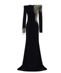Black Velvet Beaded Fringe Shoulder Long Sleeve Mermaid Evening Gown