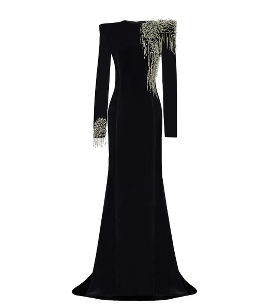 Black Velvet Beaded Fringe Shoulder Long Sleeve Mermaid Evening Gown