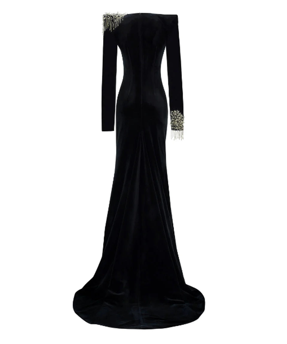 Black Velvet Beaded Fringe Shoulder Long Sleeve Mermaid Evening Gown