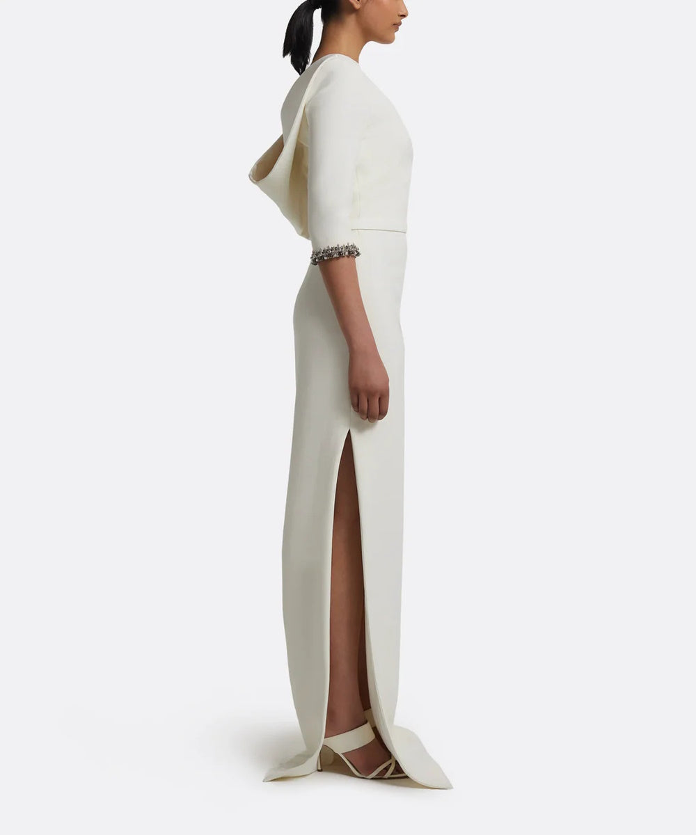 Ivory Boat Neck Draped Back Crystal Cuff Column Gown With Side Slit