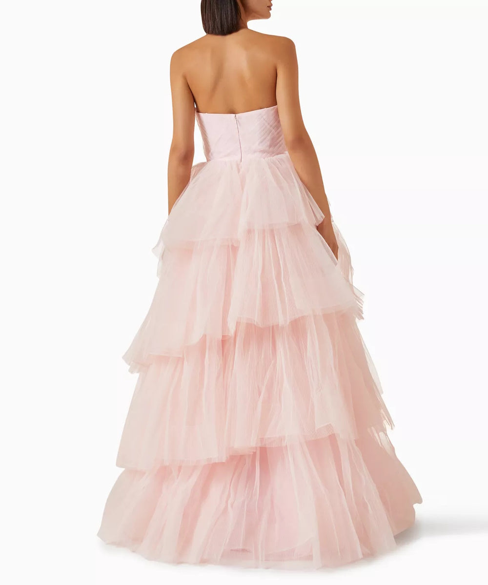 Blush Pink Strapless Sweetheart Tiered Ruffle Tulle Maxi Ball Gown