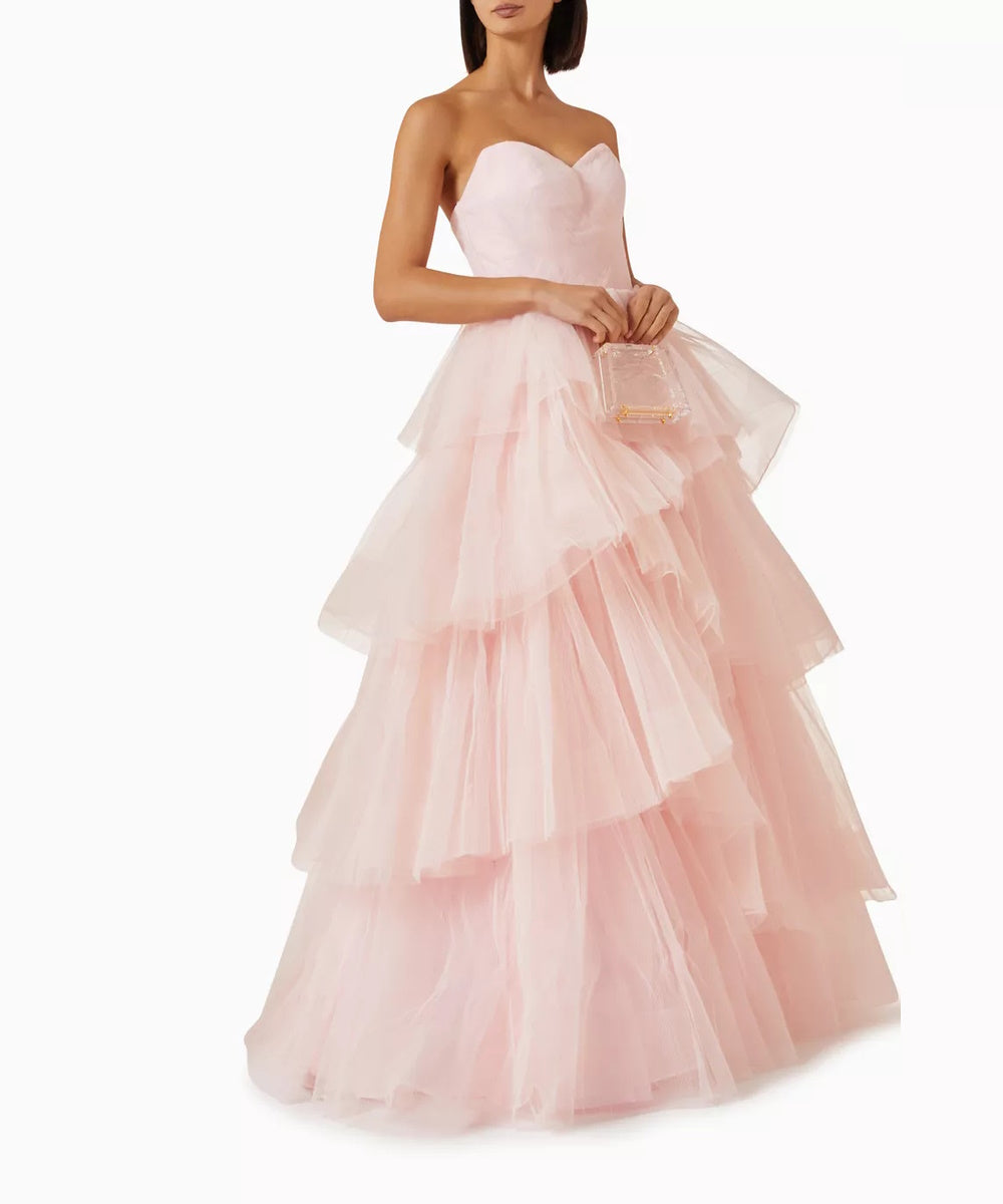 Blush Pink Strapless Sweetheart Tiered Ruffle Tulle Maxi Ball Gown