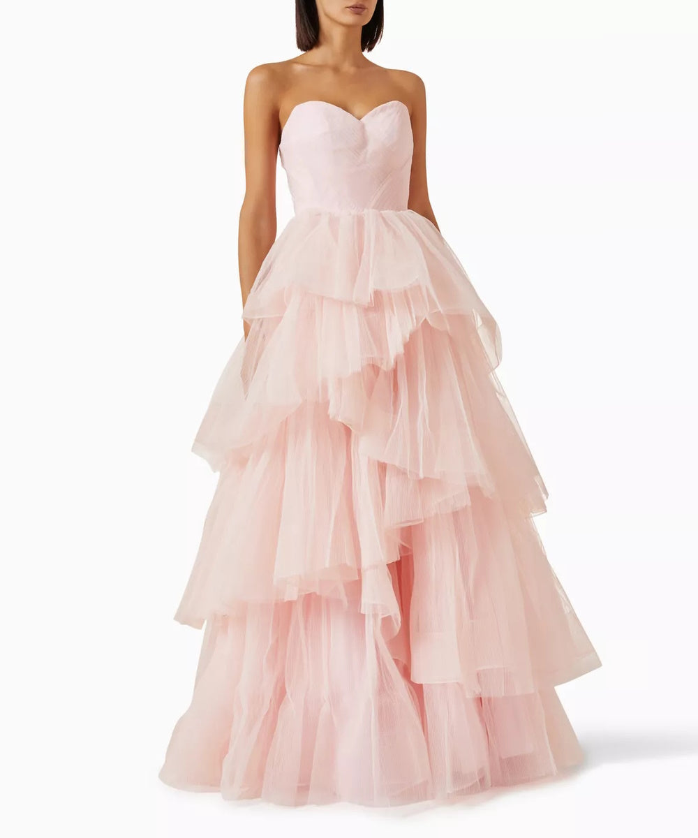 Blush Pink Strapless Sweetheart Tiered Ruffle Tulle Maxi Ball Gown