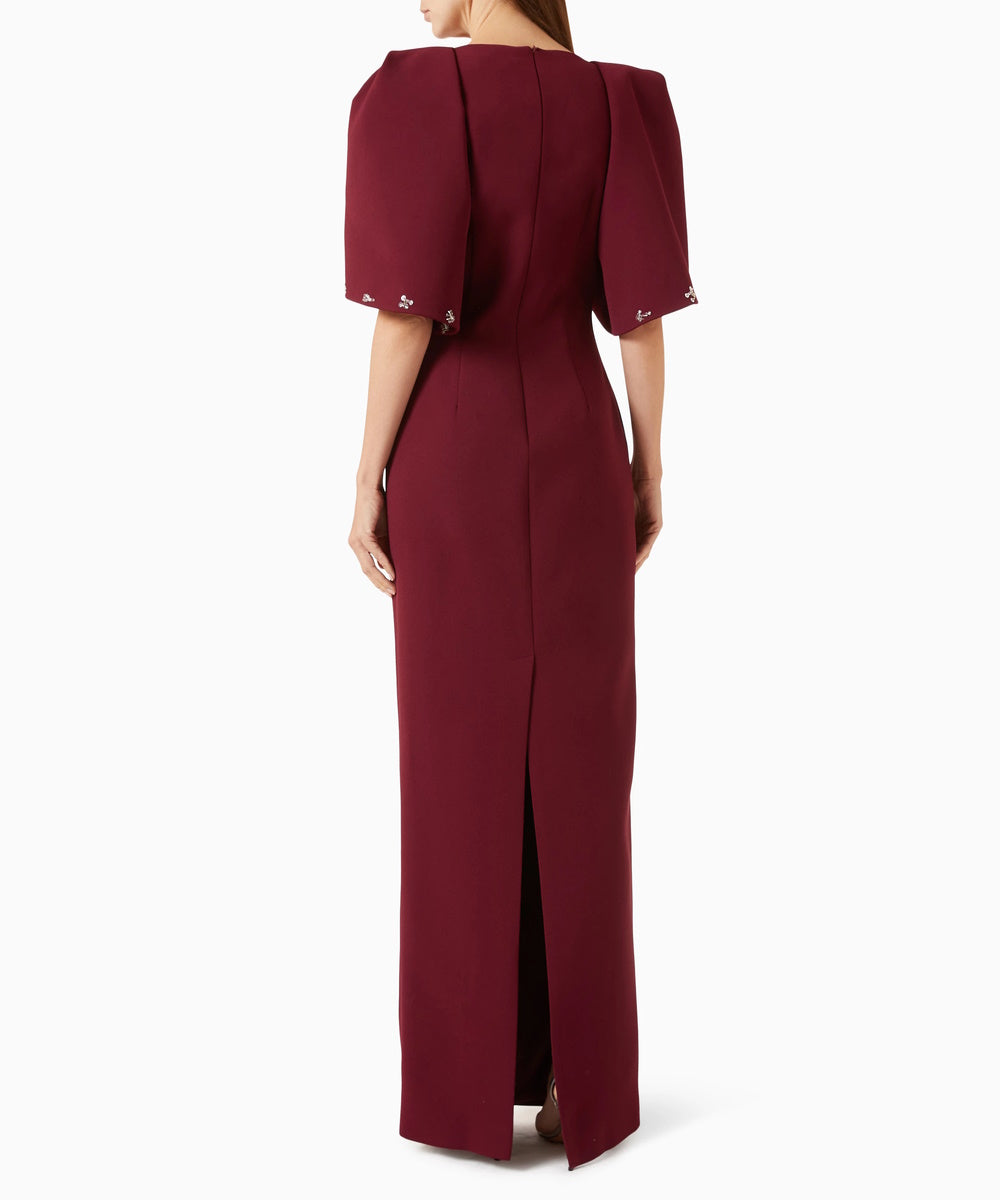 Burgundy Cape Sleeve Crystal Beaded Sheath Maxi Formal Evening Gown
