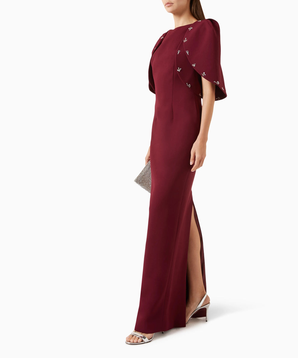 Burgundy Cape Sleeve Crystal Beaded Sheath Maxi Formal Evening Gown