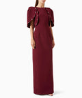 Burgundy Cape Sleeve Crystal Beaded Sheath Maxi Formal Evening Gown