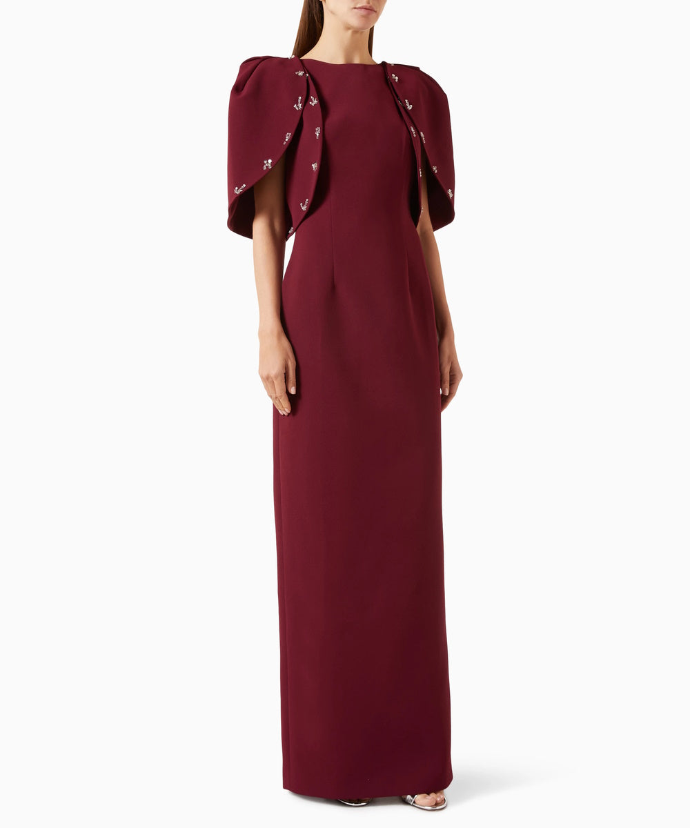 Burgundy Cape Sleeve Crystal Beaded Sheath Maxi Formal Evening Gown