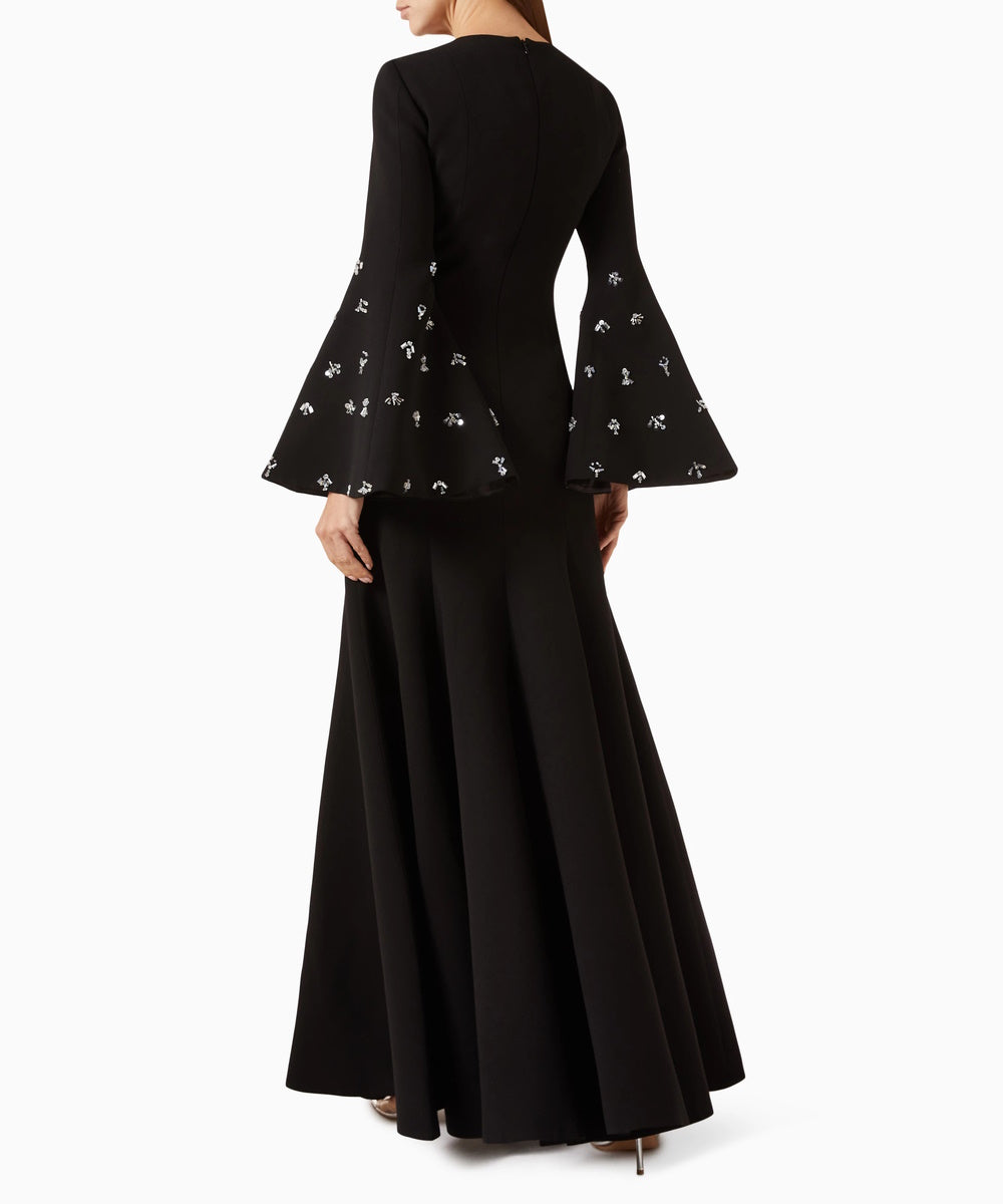 Black Crepe Flare Bell Sleeve Crystal Embellished Mermaid Maxi Evening Gown