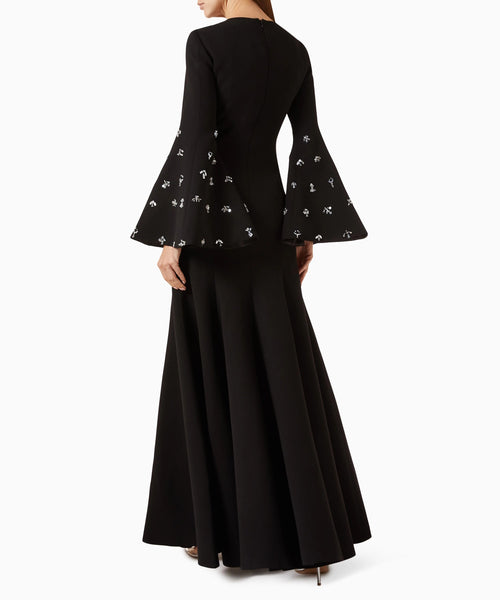 Black Crepe Flare Bell Sleeve Crystal Embellished Mermaid Maxi Evening Gown