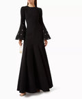 Black Crepe Flare Bell Sleeve Crystal Embellished Mermaid Maxi Evening Gown