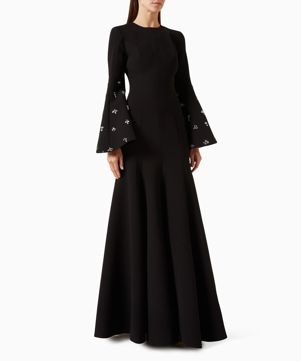 Black Crepe Flare Bell Sleeve Crystal Embellished Mermaid Maxi Evening Gown