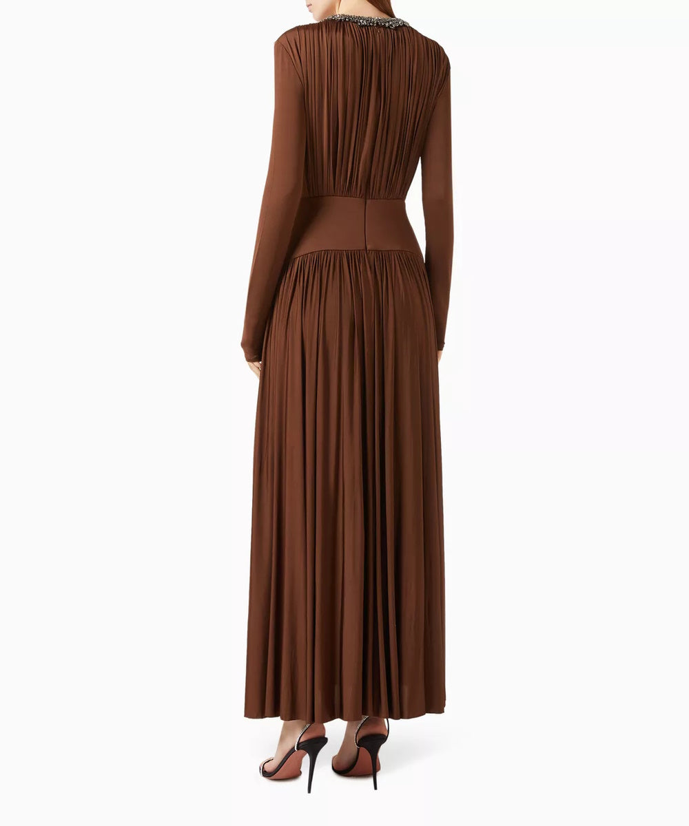 Brown Pleated Jersey Long Sleeve Midi Dress With Crystal Embellished Neckline