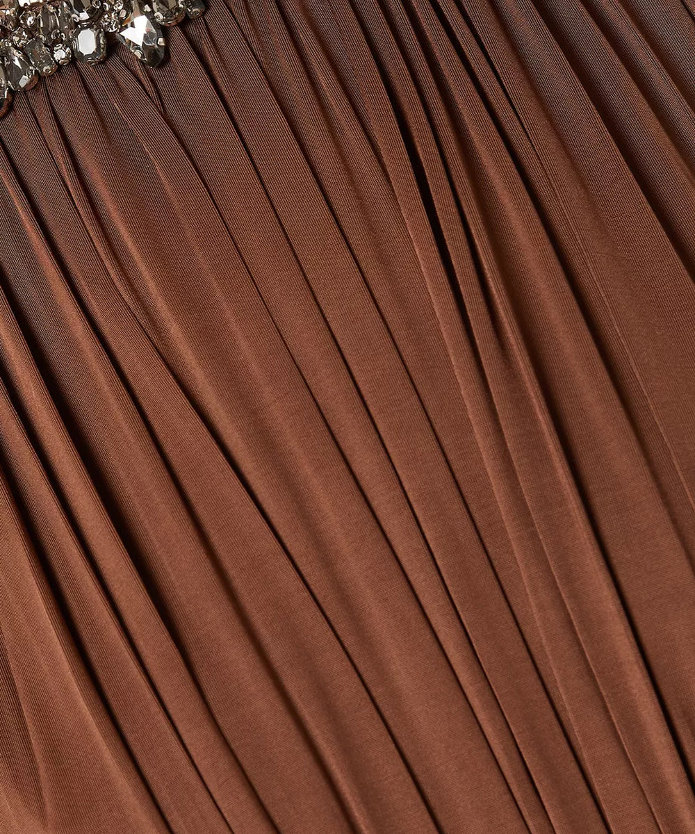 Brown Pleated Jersey Long Sleeve Midi Dress With Crystal Embellished Neckline