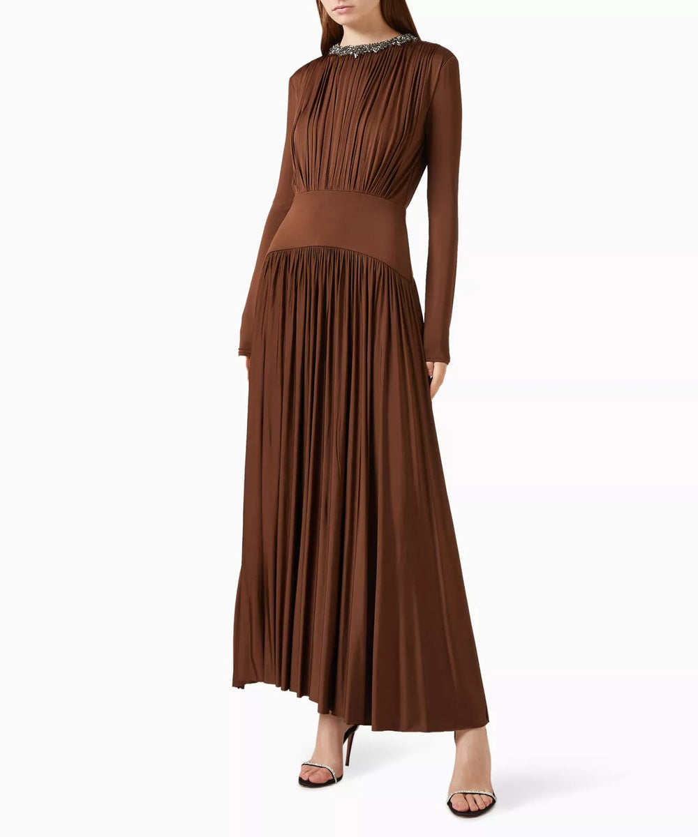 Brown Pleated Jersey Long Sleeve Midi Dress With Crystal Embellished Neckline