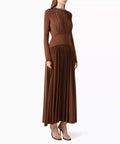 Brown Pleated Jersey Long Sleeve Midi Dress With Crystal Embellished Neckline
