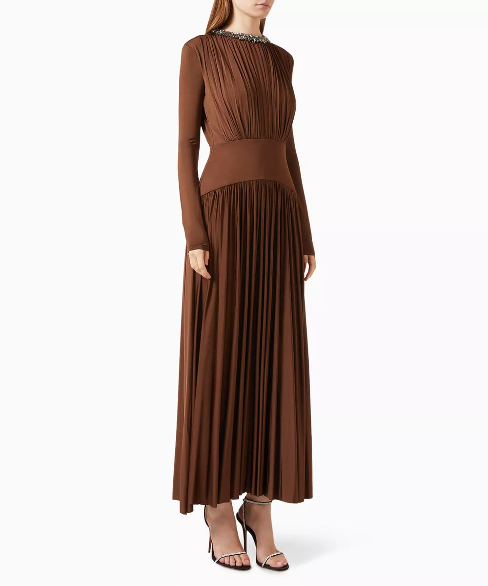 Brown Pleated Jersey Long Sleeve Midi Dress With Crystal Embellished Neckline