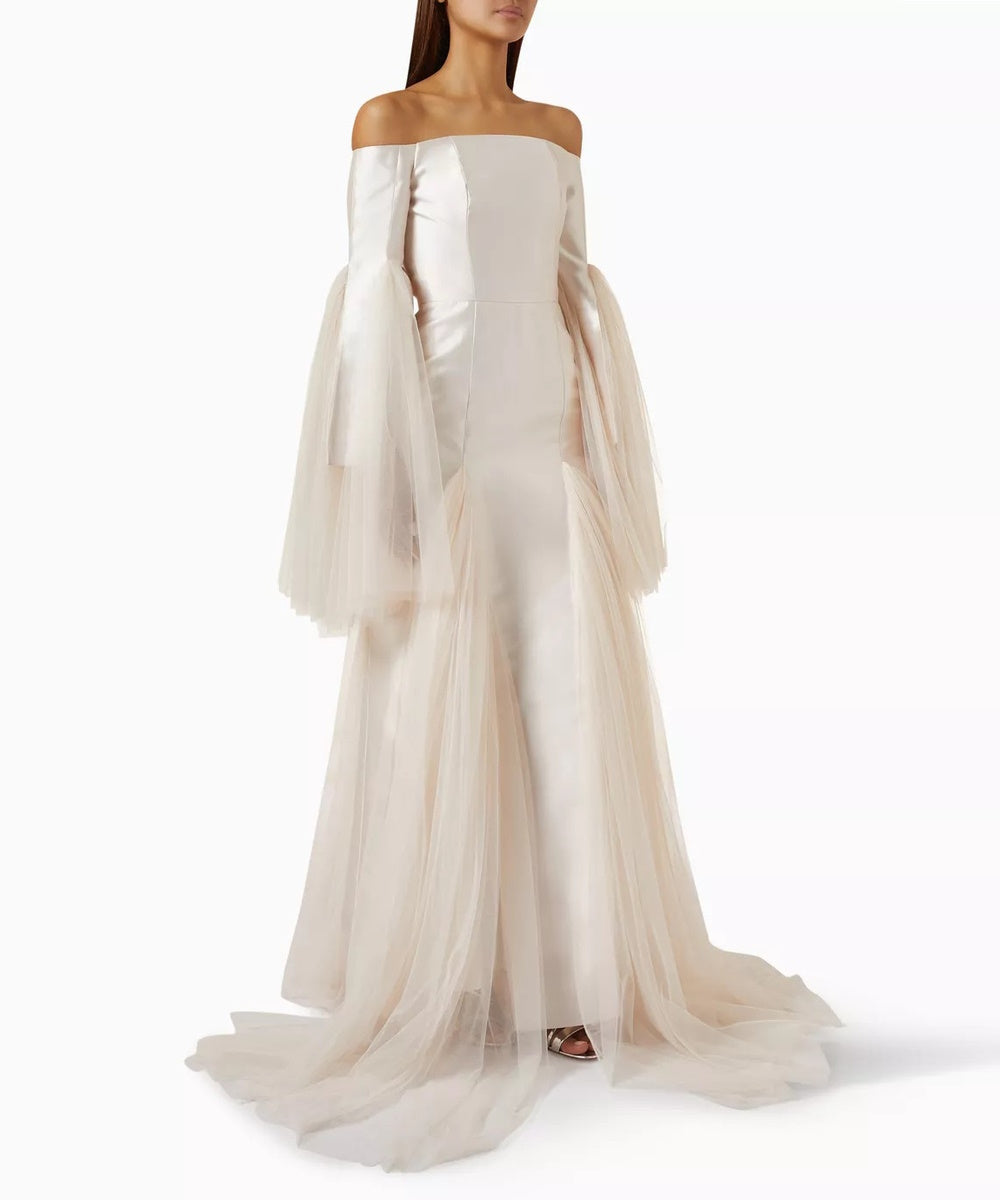 Champagne Off The Shoulder Satin Mermaid Gown With Tulle Flared Sleeves