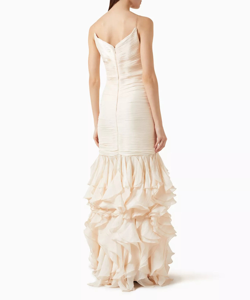 Cream Strapless Ruched Mermaid Gown With Tiered Ruffle Skirt