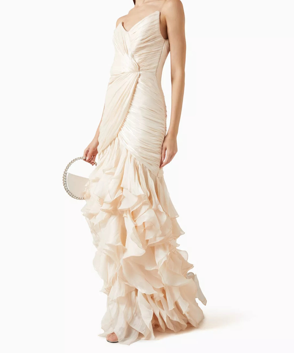 Cream Strapless Ruched Mermaid Gown With Tiered Ruffle Skirt