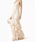 Cream Strapless Ruched Mermaid Gown With Tiered Ruffle Skirt