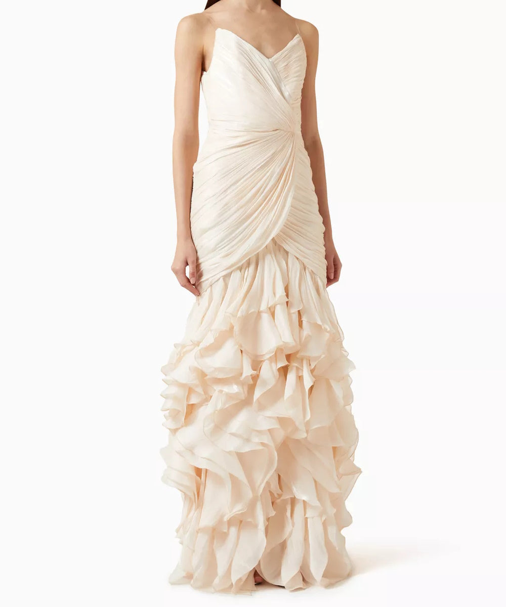 Cream Strapless Ruched Mermaid Gown With Tiered Ruffle Skirt