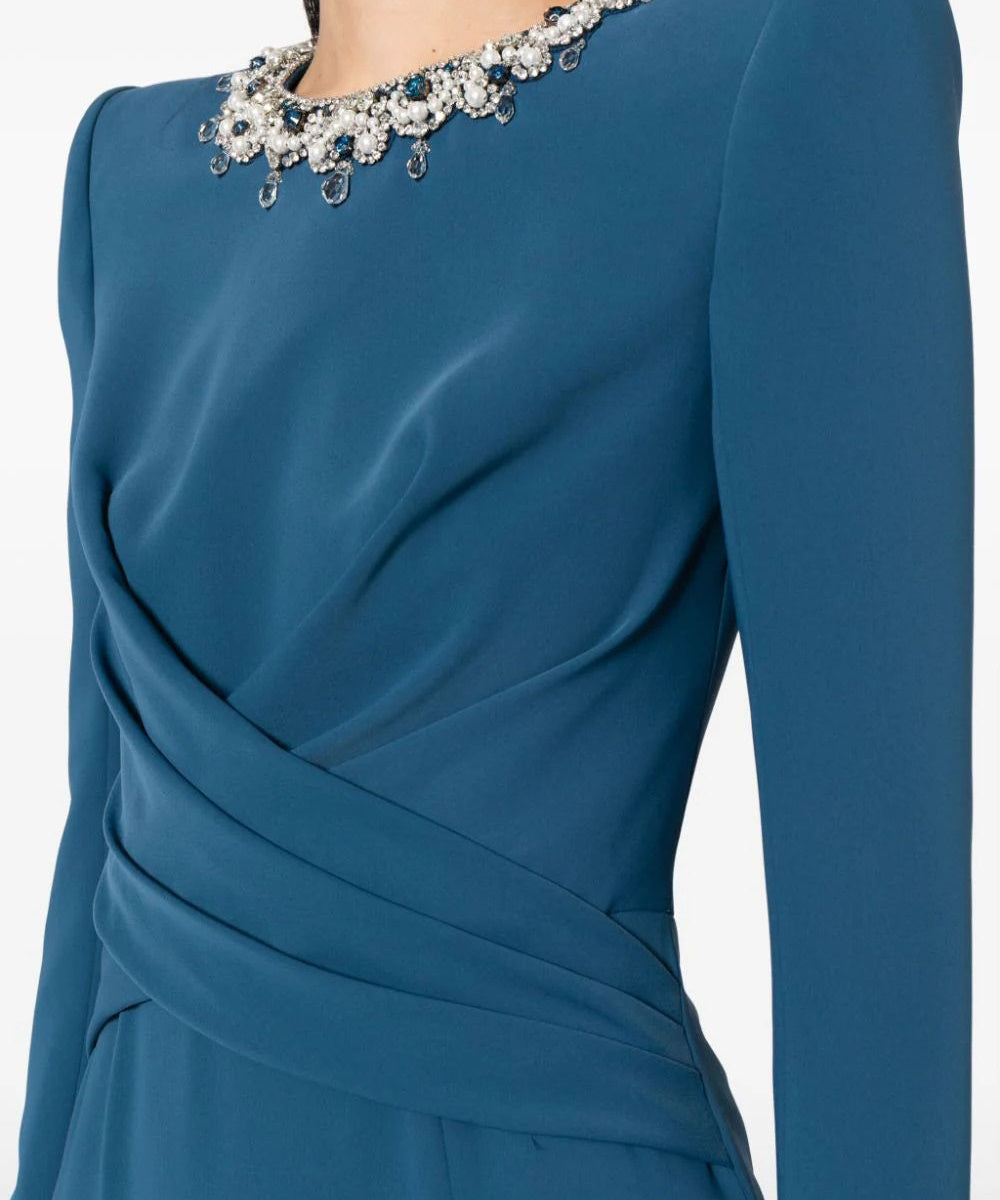 Slate Blue Pearl Crystal Neck Wrap Waist Long Sleeve Mermaid Formal Gown