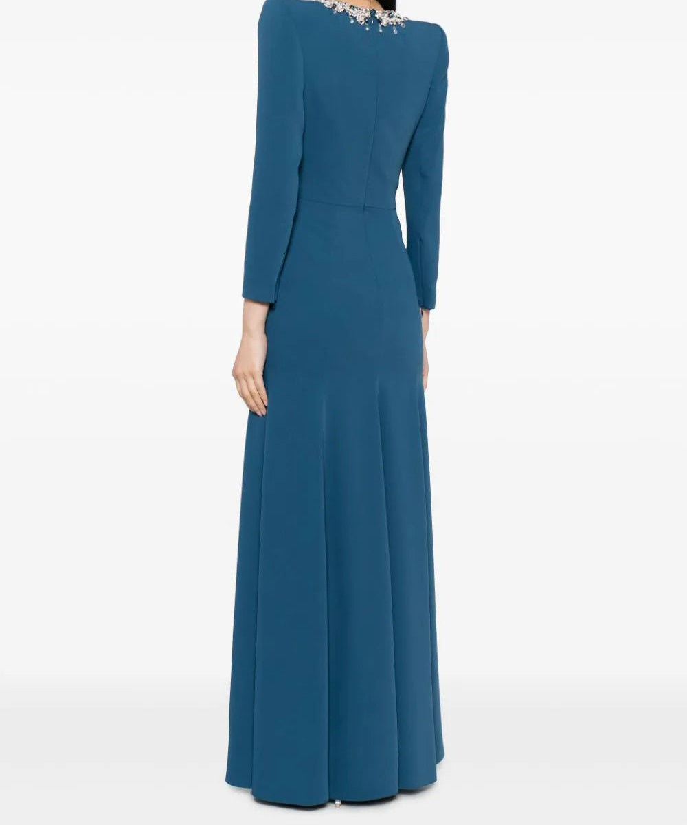 Slate Blue Pearl Crystal Neck Wrap Waist Long Sleeve Mermaid Formal Gown