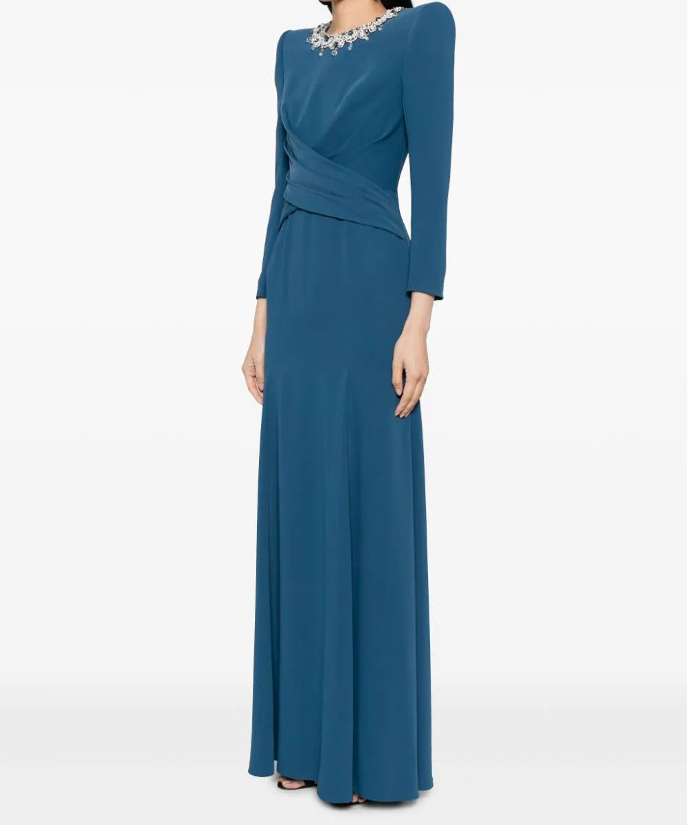 Slate Blue Pearl Crystal Neck Wrap Waist Long Sleeve Mermaid Formal Gown