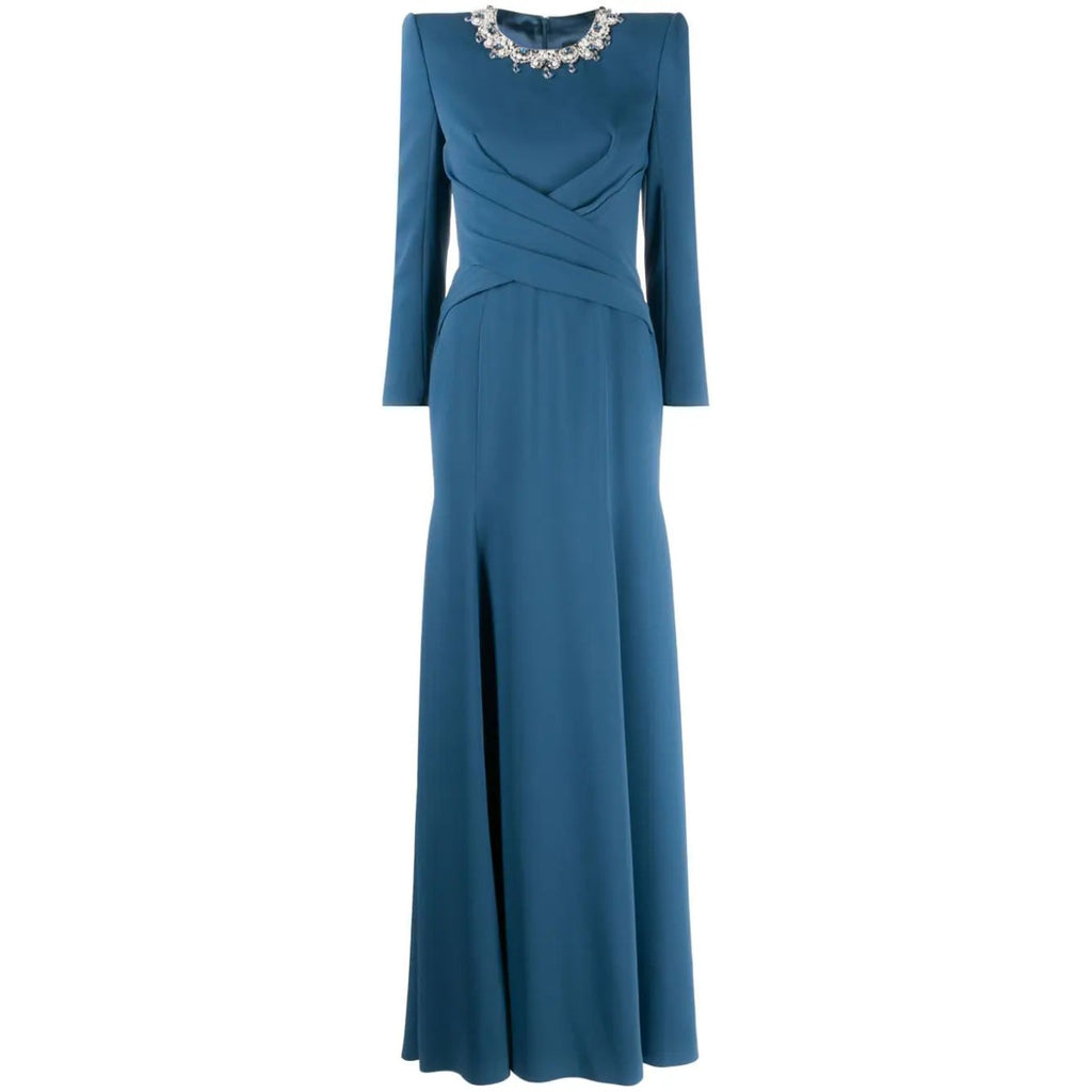 Slate Blue Pearl Crystal Neck Wrap Waist Long Sleeve Mermaid Formal Gown