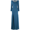 Slate Blue Pearl Crystal Neck Wrap Waist Long Sleeve Mermaid Formal Gown